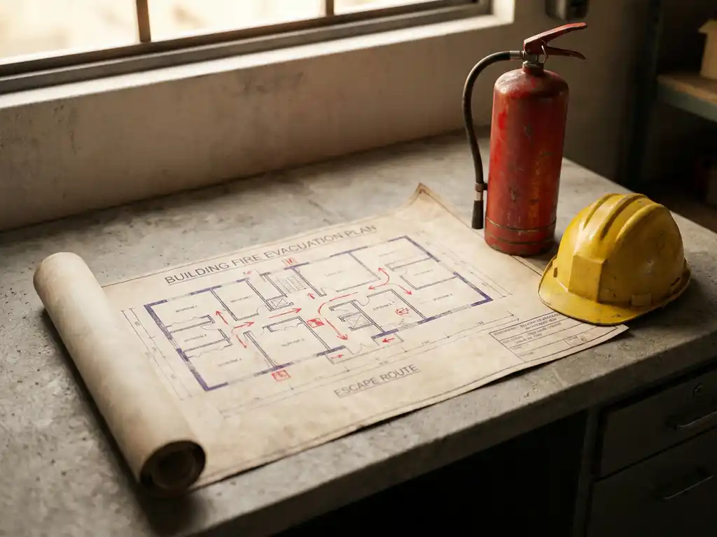 Feuerwehr-Evakuierungsplan als Blaupause auf Industrietisch, daneben roter Feuerlöscher und gelber Schutzhelm.