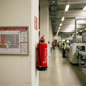 Laminierter Fluchtplan an Industriewand neben rotem Feuerlöscher in modernem deutschen Fertigungskorridor.