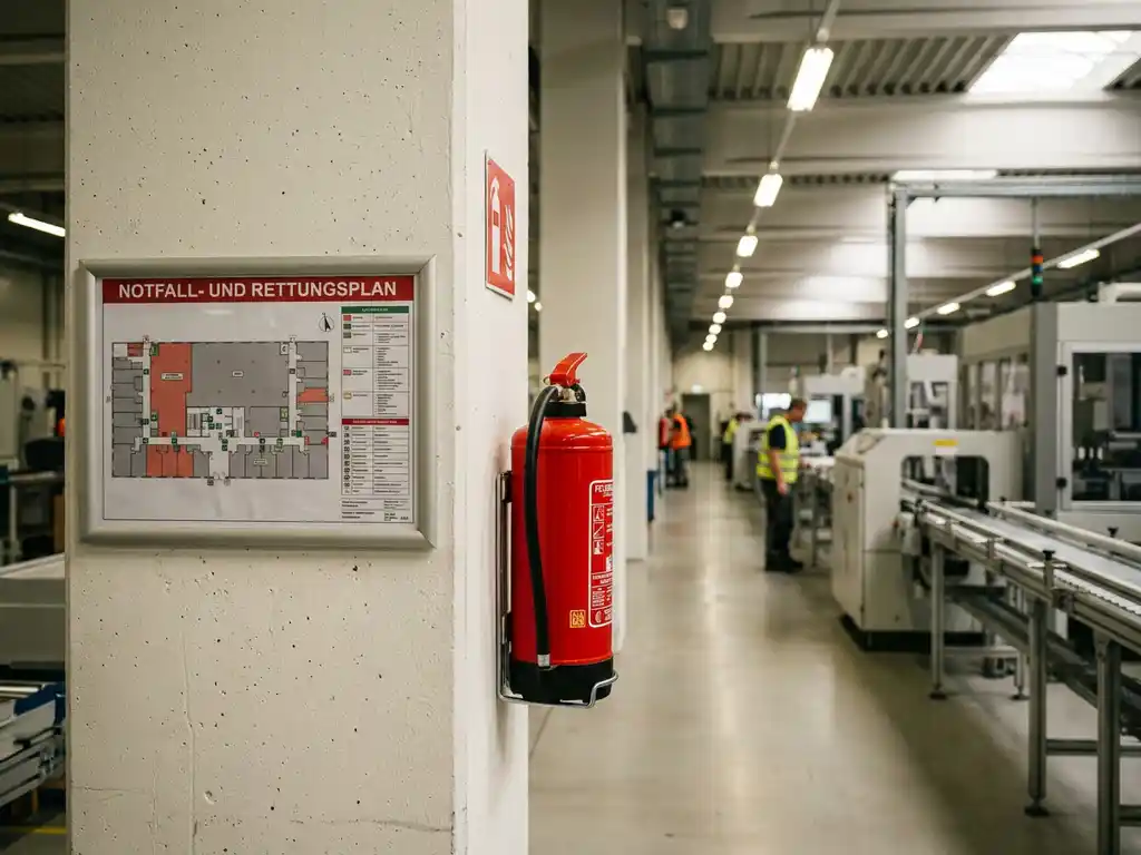 Laminierter Fluchtplan an Industriewand neben rotem Feuerlöscher in modernem deutschen Fertigungskorridor.