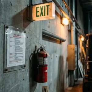 Laminiertes Brandsicherheitsdokument an Betonwand neben rotem Feuerlöscher, mit leuchtendem Notausgangsschild und warmem Notlicht.