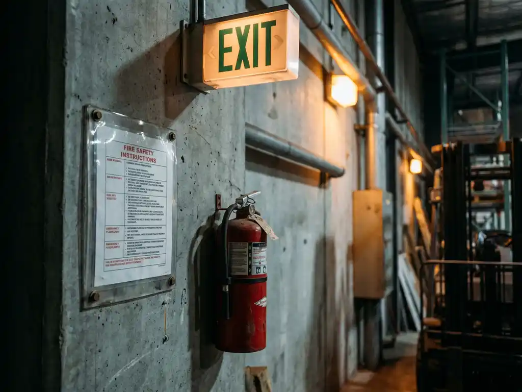 Laminiertes Brandsicherheitsdokument an Betonwand neben rotem Feuerlöscher, mit leuchtendem Notausgangsschild und warmem Notlicht.