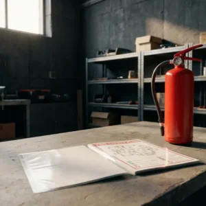 Geöffneter Brandschutz-Dokumentenordner auf einem Industriearbeitsplatz neben einem roten Feuerlöscher, Betonwände im Hintergrund.