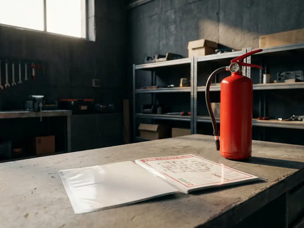 Geöffneter Brandschutz-Dokumentenordner auf einem Industriearbeitsplatz neben einem roten Feuerlöscher, Betonwände im Hintergrund.