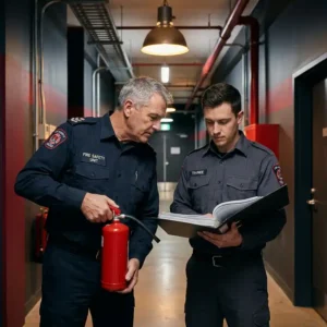 Erfahrener Brandschutzbeauftragter in Uniform hält Feuerlöscher, neben Kollegen mit Schulungsordner in industriellem Korridor.