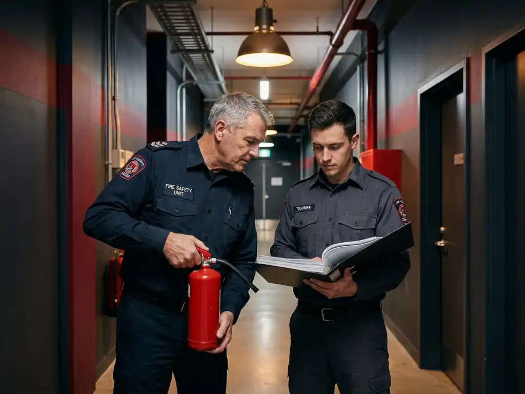 Erfahrener Brandschutzbeauftragter in Uniform hält Feuerlöscher, neben Kollegen mit Schulungsordner in industriellem Korridor.