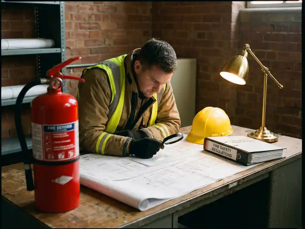 Brandschutzingenieur prüft technische Grundrisspläne auf Industrietisch, roter Feuerlöscher im Vordergrund, Schutzhelm und Regelwerk daneben.