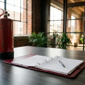 Aufgeschlagener Brandschutz-Ordner auf Büroschreibtisch neben rotem Feuerlöscher mit Stift auf Compliance-Dokument.