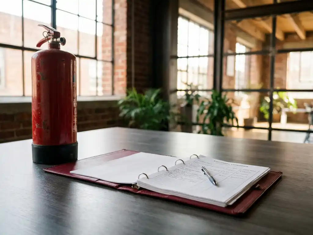 Aufgeschlagener Brandschutz-Ordner auf Büroschreibtisch neben rotem Feuerlöscher mit Stift auf Compliance-Dokument.