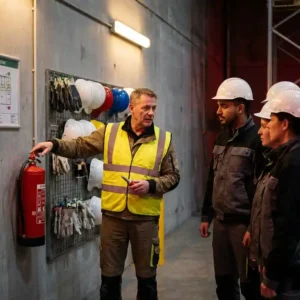 Brandschutzbeauftragter in Warnweste erklärt Mitarbeitern einen roten Feuerlöscher in einer Industriehalle.