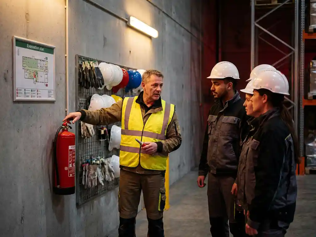Brandschutzbeauftragter in Warnweste erklärt Mitarbeitern einen roten Feuerlöscher in einer Industriehalle.
