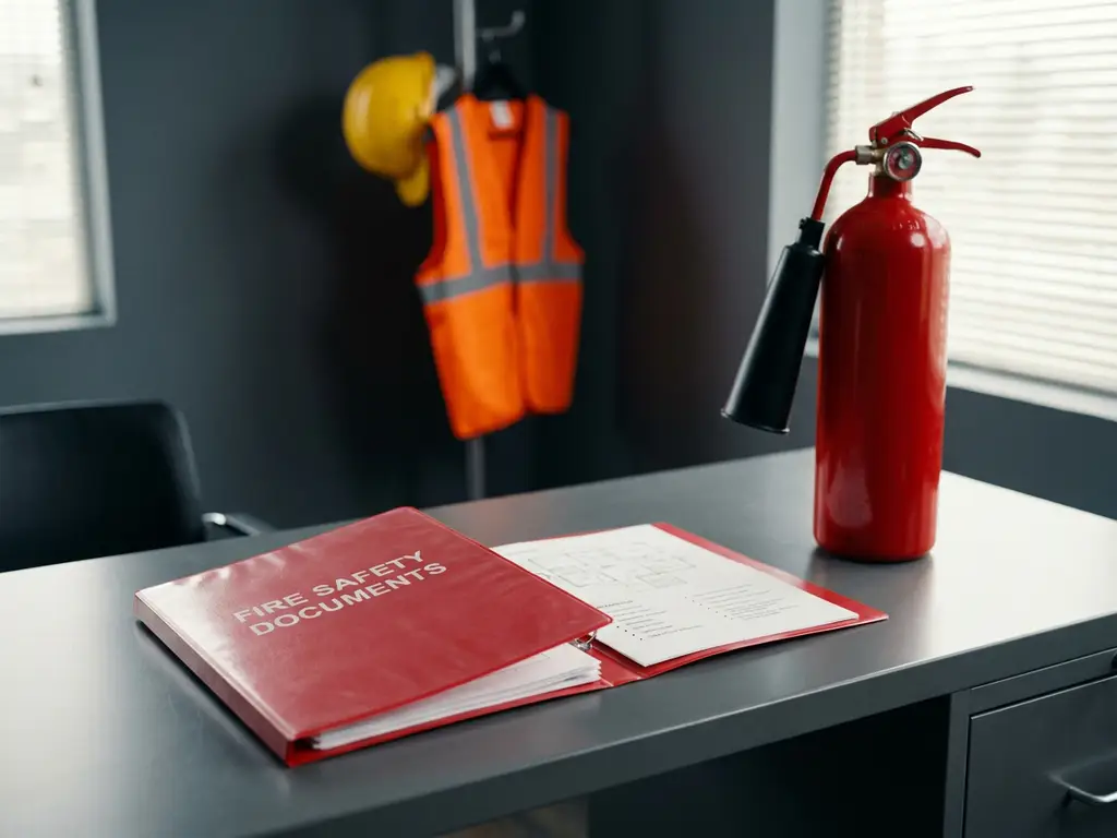 Geöffneter Brandschutz-Dokumentenordner auf Industrieschreibtisch neben rotem Feuerlöscher, Schutzhelm und Warnweste im Hintergrund.