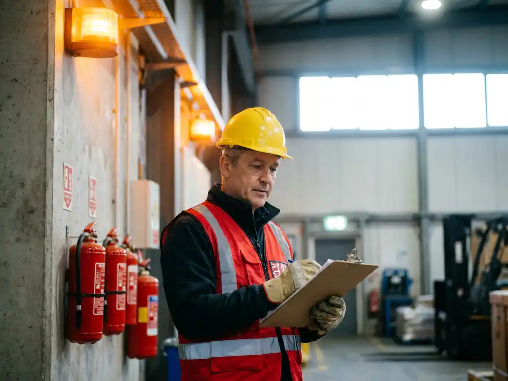Brandschutzbeauftragter mit Schutzhelm und Warnweste prüft Klemmbrett in Industrieanlage, Feuerlöscher an Betonwand im Hintergrund.