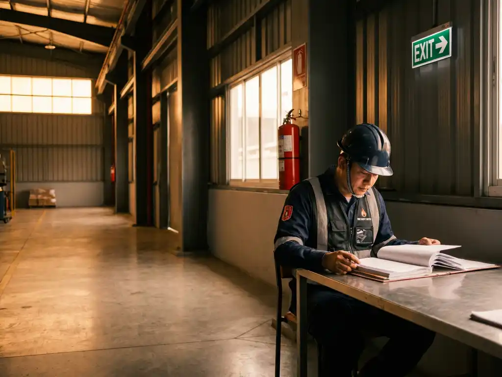 Brandschutzbeauftragter liest Zertifizierungsordner in Industrieanlage, roter Feuerlöscher und Notausgangsschild im Hintergrund.