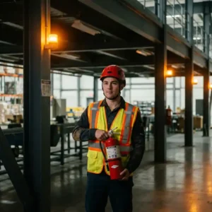 Brandschutzhelfer in Warnweste hält roten Feuerlöscher in moderner Industriehalle mit Stahlträgern und Notbeleuchtung.
