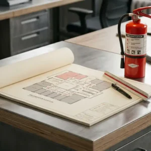 Feuerwehrplan auf einem Industrieschreibtisch, daneben roter Feuerlöscher, Architekturlineal und technischer Stift auf dem Papier.