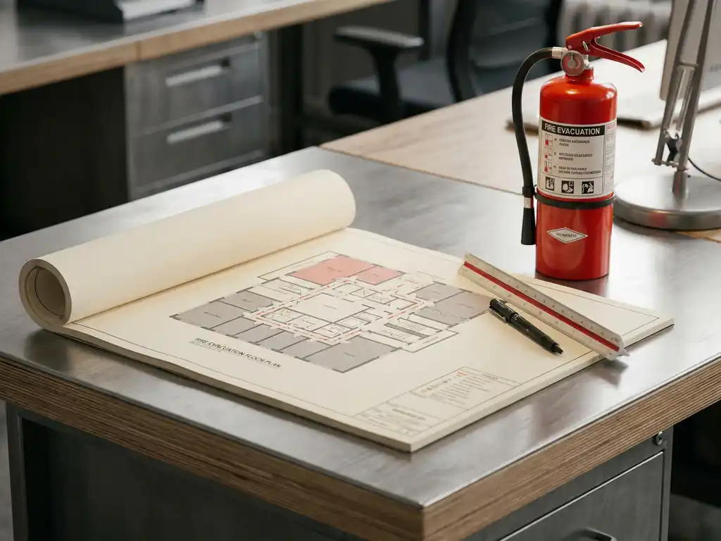 Feuerwehrplan auf einem Industrieschreibtisch, daneben roter Feuerlöscher, Architekturlineal und technischer Stift auf dem Papier.