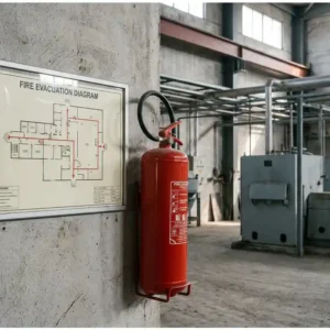 Laminierter Feuerevakuierungsplan an Industriewand neben rotem Feuerlöscher, Betonwände und Stahlträger im Hintergrund.