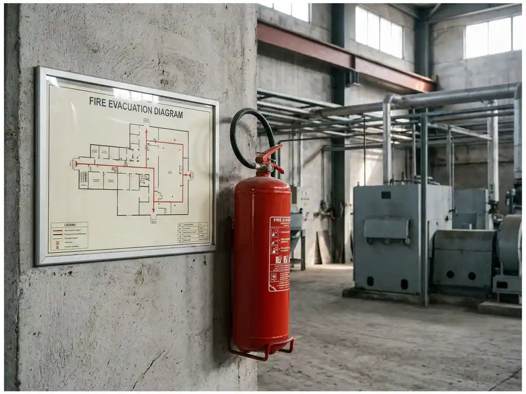 Laminierter Feuerevakuierungsplan an Industriewand neben rotem Feuerlöscher, Betonwände und Stahlträger im Hintergrund.