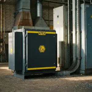 ATEX-zertifiziertes explosionsgeschütztes Industriegehäuse mit Warnsymbolen neben Elektroanlage auf Fabrikboden, Gasrohre im Hintergrund.