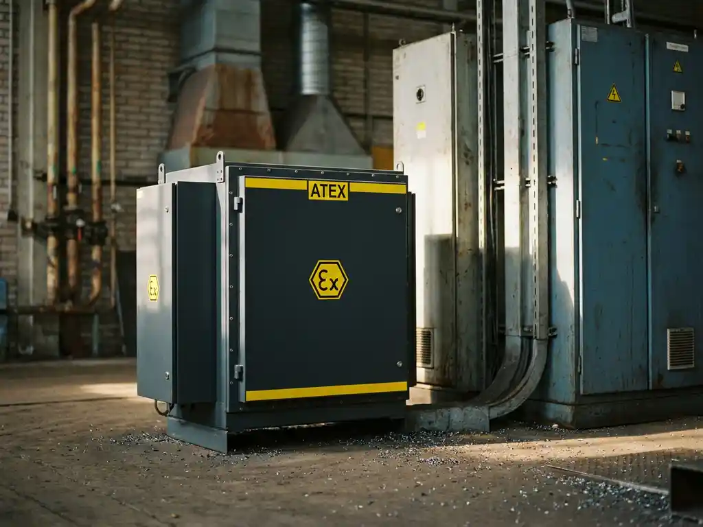 ATEX-zertifiziertes explosionsgeschütztes Industriegehäuse mit Warnsymbolen neben Elektroanlage auf Fabrikboden, Gasrohre im Hintergrund.
