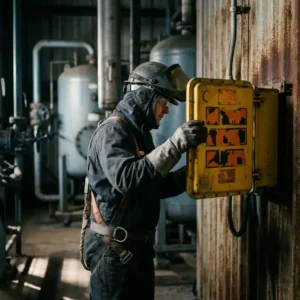 Industriearbeiter in Schutzausrüstung inspiziert explosionsgeschützten gelben Schaltschrank an verwitterter Metallwand in einer Industrieanlage.