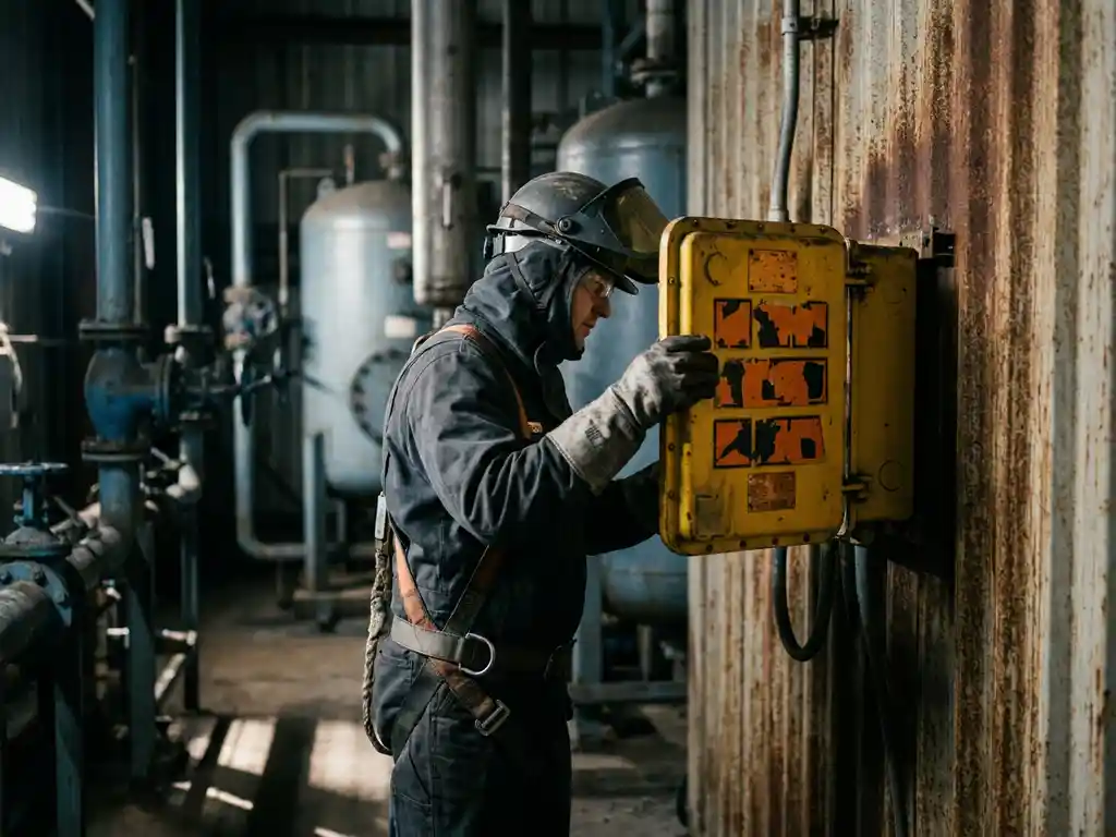 Industriearbeiter in Schutzausrüstung inspiziert explosionsgeschützten gelben Schaltschrank an verwitterter Metallwand in einer Industrieanlage.