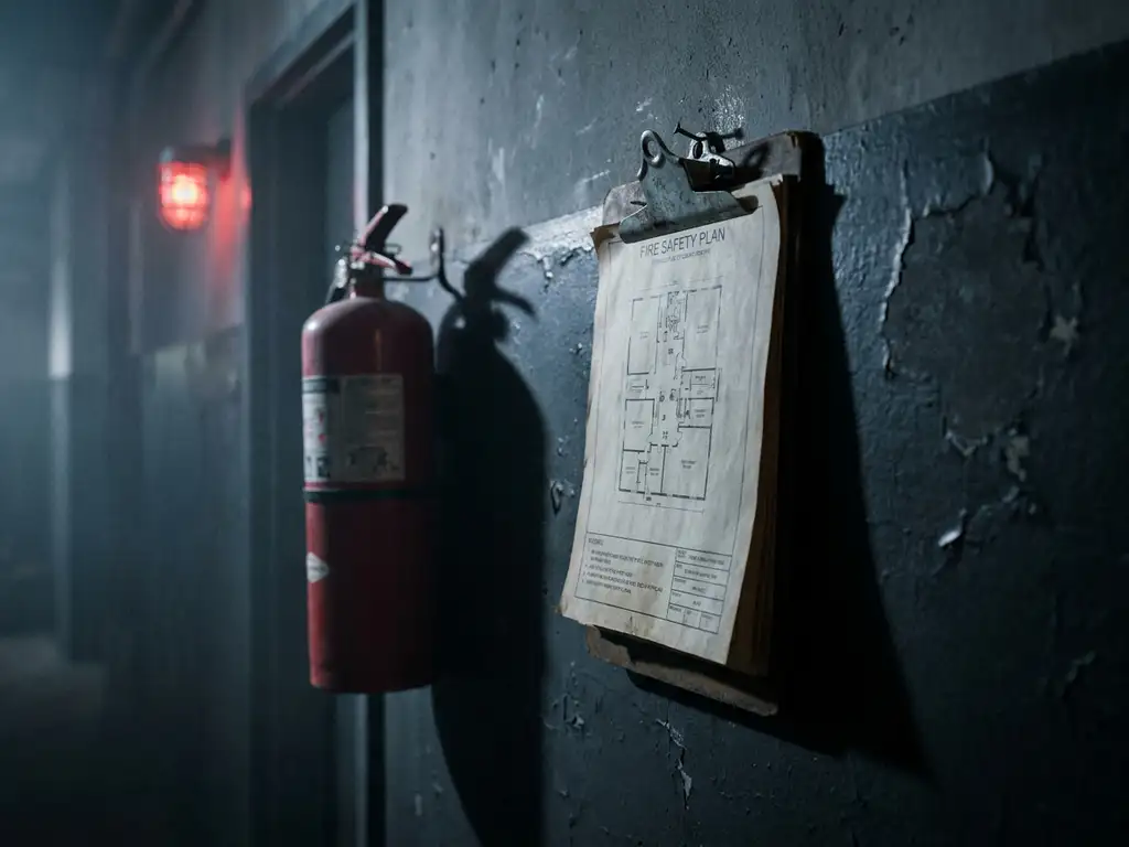 Leerer Klemmbrett an Industriewand neben montiertem Feuerlöscher, rotes Warmlicht im Hintergrund, fehlender Brandschutzplan.