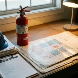 Feuerschutzplan auf dem Schreibtisch eines Industriebetriebs, roter Feuerlöscher, Schutzhelm und Sicherheitsklemmbrett daneben.