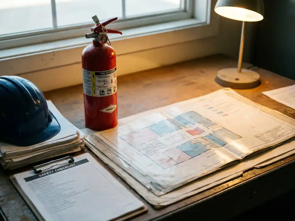 Feuerschutzplan auf dem Schreibtisch eines Industriebetriebs, roter Feuerlöscher, Schutzhelm und Sicherheitsklemmbrett daneben.