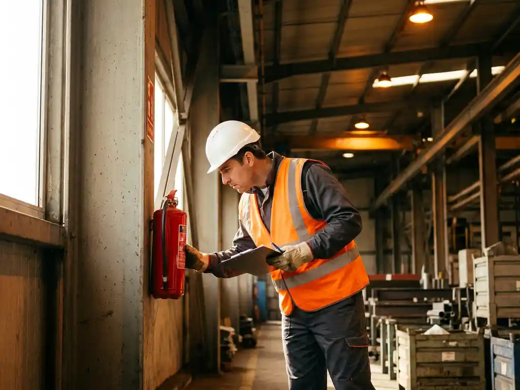 Sicherheitsbeauftragter mit Schutzhelm und Warnweste prüft roten Feuerlöscher in Industrieanlage mit Klemmbrett in der Hand.