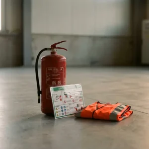 Roter Feuerlöscher auf Betonboden neben gefaltetem Warnschutzweste und laminiertem Sicherheitsmerkblatt.