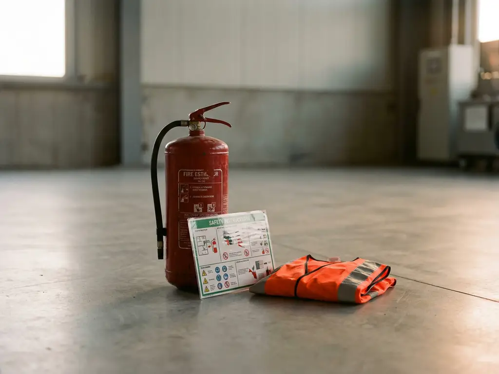 Roter Feuerlöscher auf Betonboden neben gefaltetem Warnschutzweste und laminiertem Sicherheitsmerkblatt.