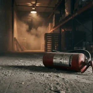 Umgekippter Feuerlöscher auf Betonboden in düsterem Lagerhaus, Staub und Rauch deuten auf Vernachlässigung hin.