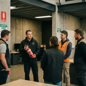 Brandschutztrainer zeigt Mitarbeitern einen roten Feuerlöscher in einer modernen Industriehalle mit Sicherheitsschildern.