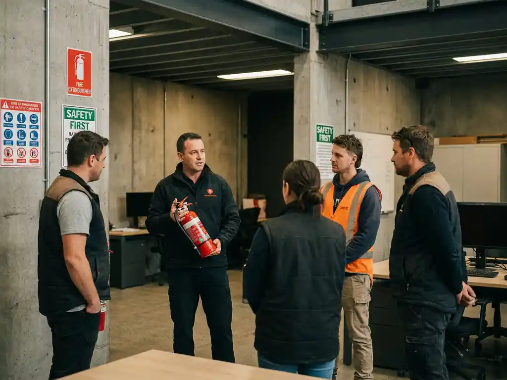 Brandschutztrainer zeigt Mitarbeitern einen roten Feuerlöscher in einer modernen Industriehalle mit Sicherheitsschildern.