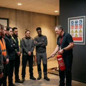 Mitarbeiter beobachten einen Brandschutztrainer bei der Demonstration eines roten Feuerlöschers in einem modernen Schulungsraum.