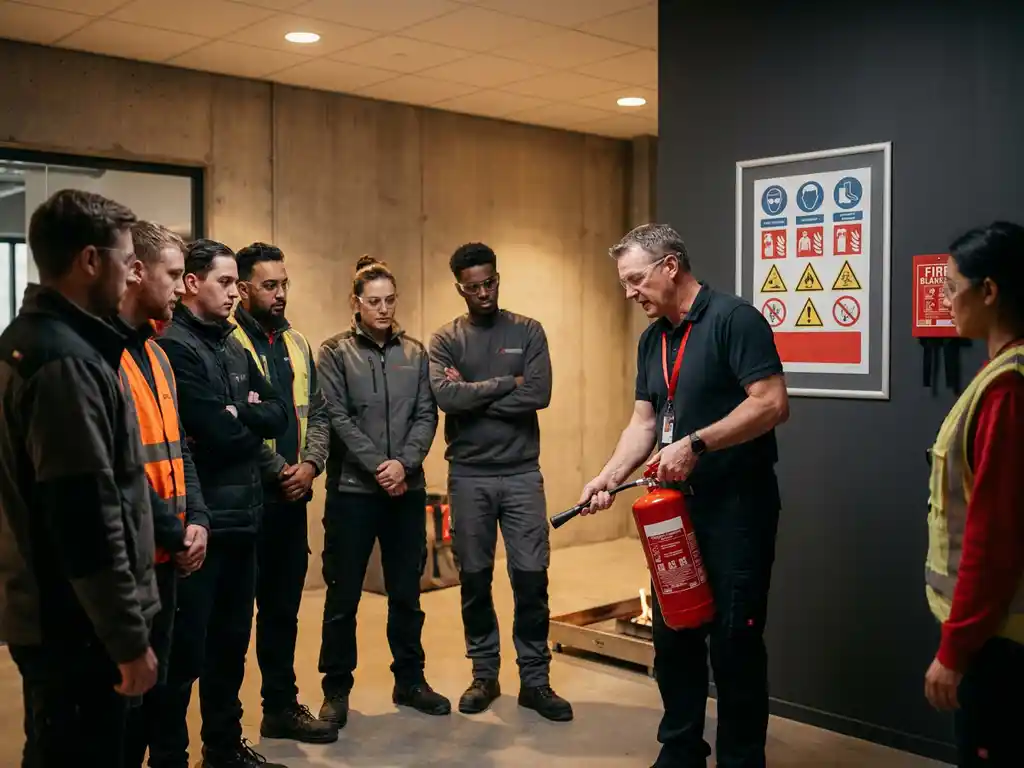 Mitarbeiter beobachten einen Brandschutztrainer bei der Demonstration eines roten Feuerlöschers in einem modernen Schulungsraum.