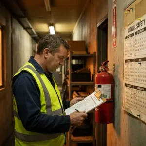 Brandschutzhelfer in Warnweste prüft Checkliste neben Feuerlöscher in Industriekorridor mit Kalender an der Wand.