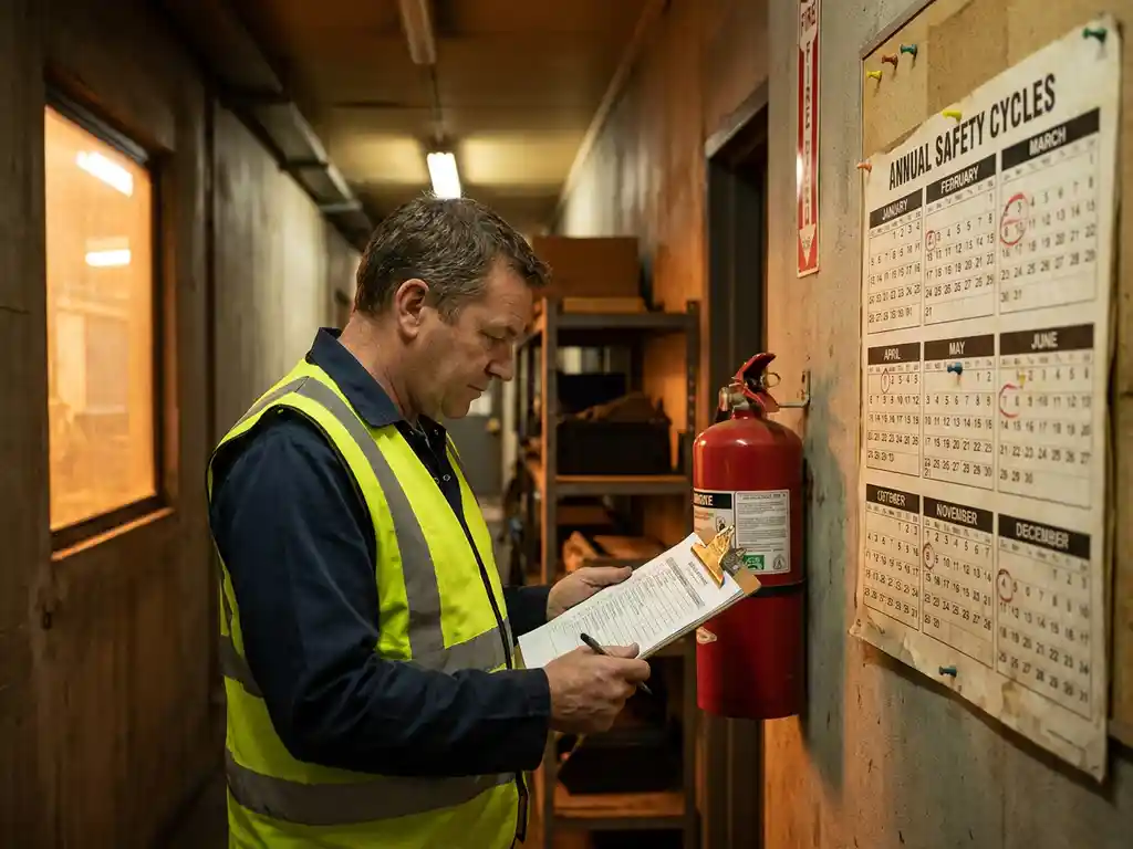 Brandschutzhelfer in Warnweste prüft Checkliste neben Feuerlöscher in Industriekorridor mit Kalender an der Wand.