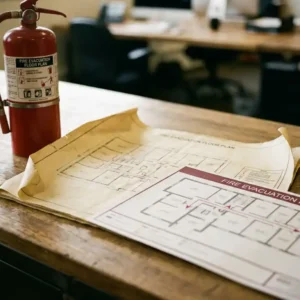 Feuerwehr-Evakuierungsplan auf Industrieschreibtisch, teilweise von aktualisierter Version überlagert, roter Feuerlöscher daneben.