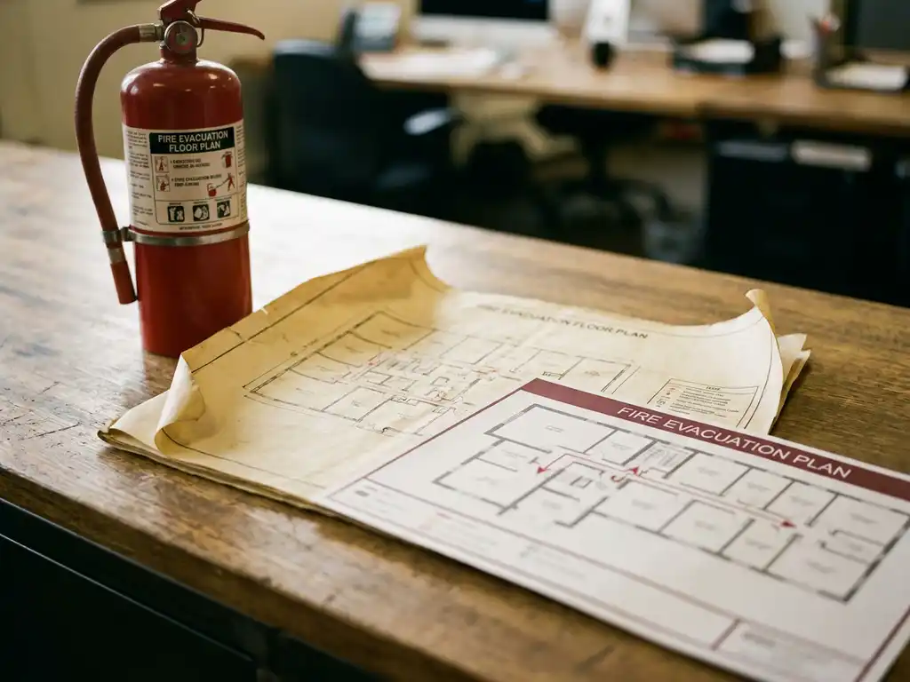Feuerwehr-Evakuierungsplan auf Industrieschreibtisch, teilweise von aktualisierter Version überlagert, roter Feuerlöscher daneben.