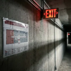 Laminierter Fluchtplan an Industriewand unter leuchtendem roten Notausgangsschild, betonierter Korridor im Hintergrund.