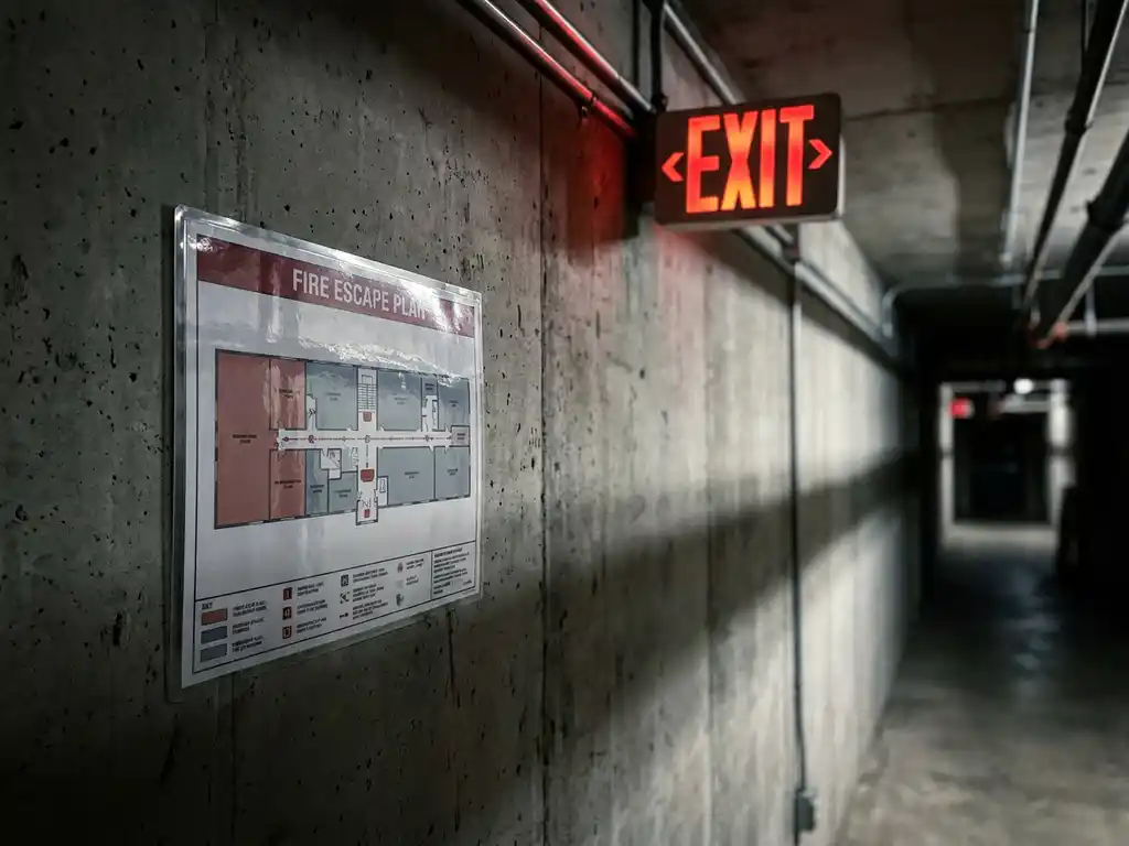 Laminierter Fluchtplan an Industriewand unter leuchtendem roten Notausgangsschild, betonierter Korridor im Hintergrund.