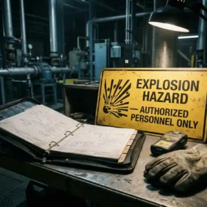 Aufgeschlagenes Arbeitssicherheits-Handbuch auf Metallschreibtisch mit Explosionsschutzschild, Gasmessgerät und Schutzhandschuhen in Industrieanlage.