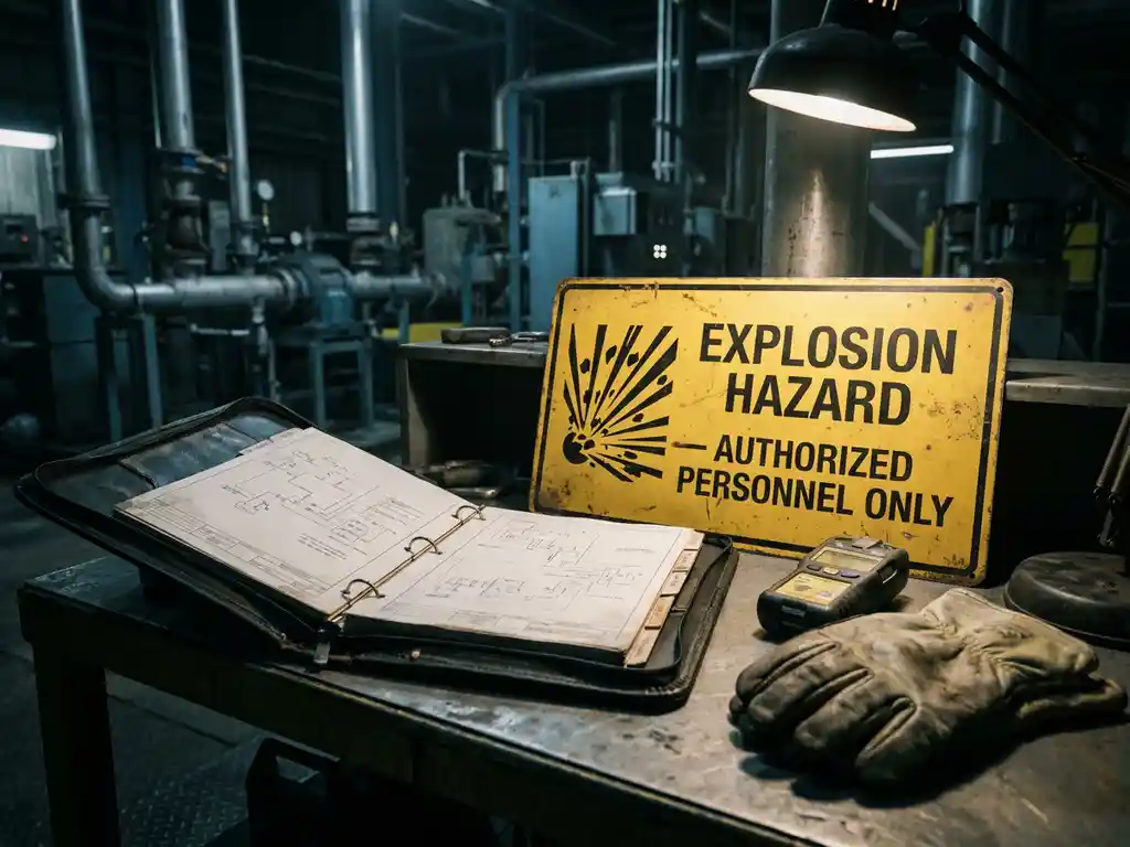Aufgeschlagenes Arbeitssicherheits-Handbuch auf Metallschreibtisch mit Explosionsschutzschild, Gasmessgerät und Schutzhandschuhen in Industrieanlage.