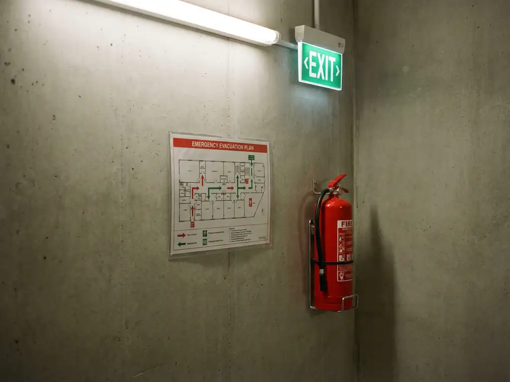 Laminierter Evakuierungsplan an Betonwand neben rotem Feuerlöscher, grünes Ausgangsschild leuchtet darüber in Industriegebäude.