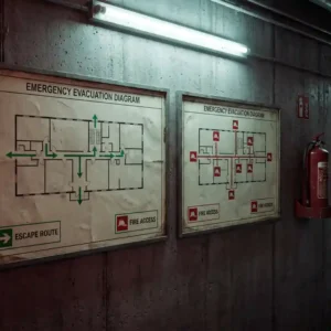 Zwei Feuerwehr- und Fluchtwegschilder an einer Betonwand in einem Industriekorridor, daneben ein roter Feuerlöscher.