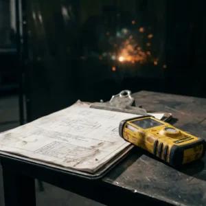 Abgenutztes Industrie-Klemmbrett mit technischem Dokument neben gelbem ATEX-zertifiziertem Gasdetektor auf Stahlwerkbank, Schweißfunken im Hintergrund.