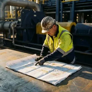 Sicherheitsberater mit Schutzhelm und Warnweste prüft Industrieplan mit Explosionszonenkennzeichnungen auf Metalltisch.