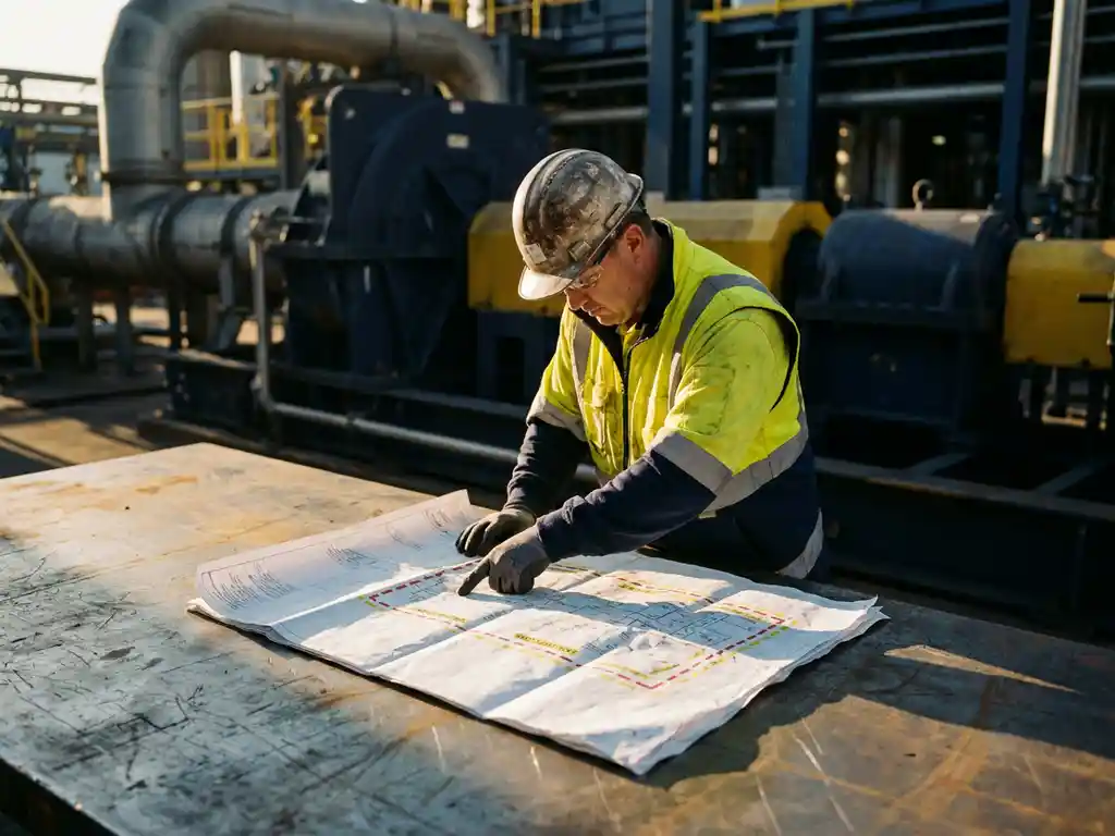 Sicherheitsberater mit Schutzhelm und Warnweste prüft Industrieplan mit Explosionszonenkennzeichnungen auf Metalltisch.
